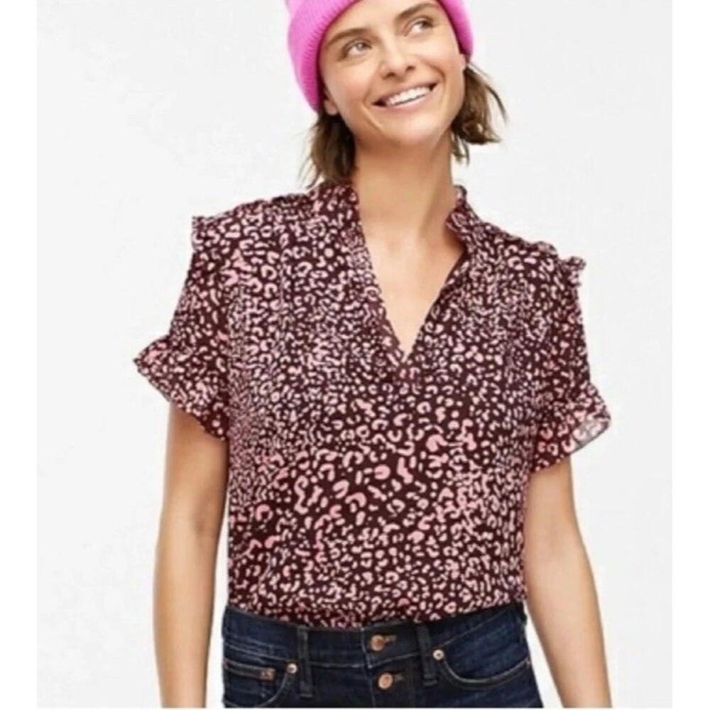 J Crew Pink Brown Leopard Print Ruffle Detail Short Sleeve Blouse Size Medium